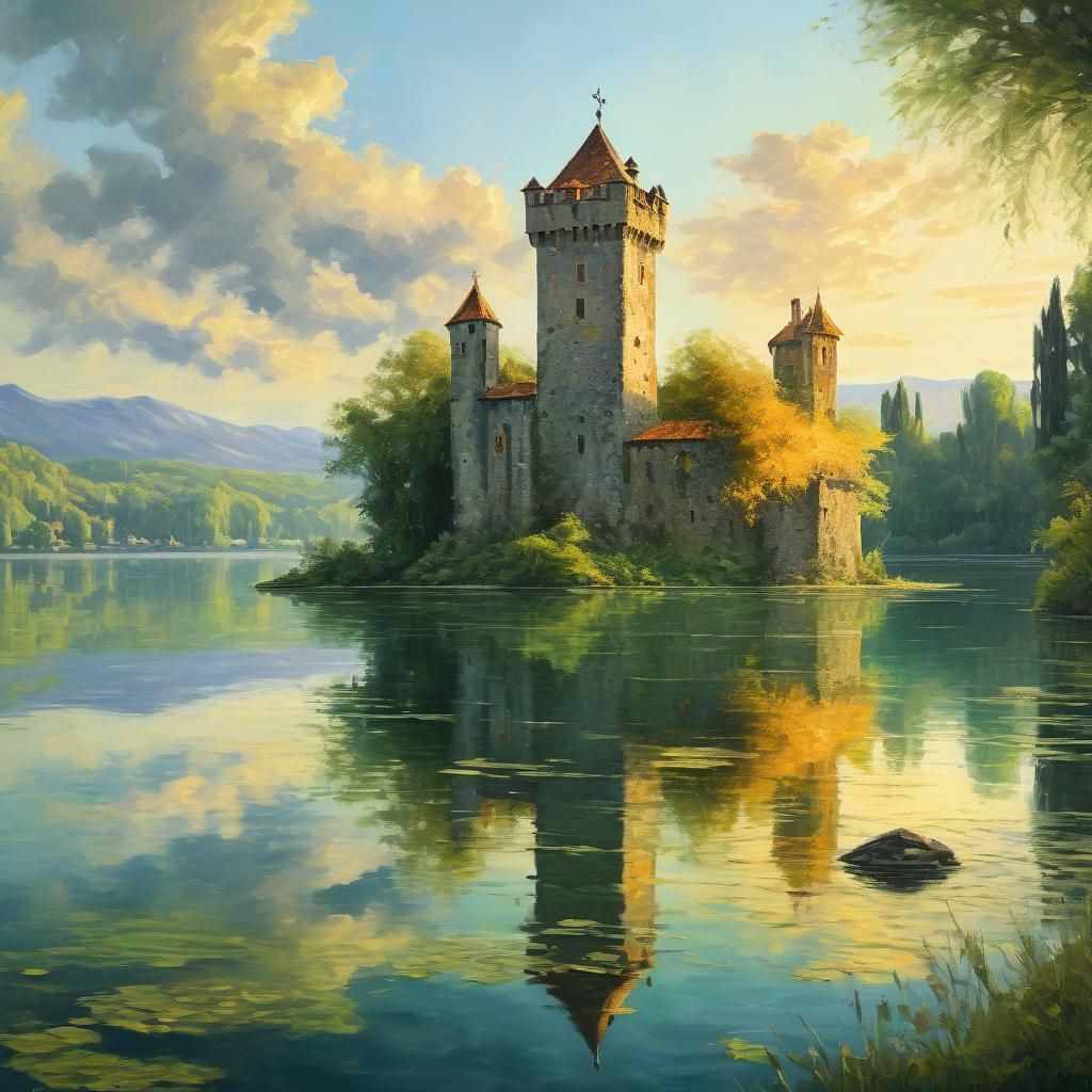 Island Tower in Lake: Impressionist Oil Painting