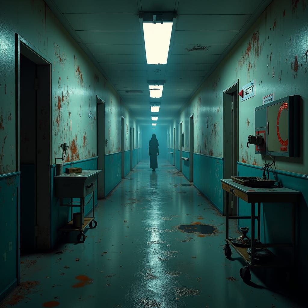 Ominous Figure in Abandoned Hospital Hallway