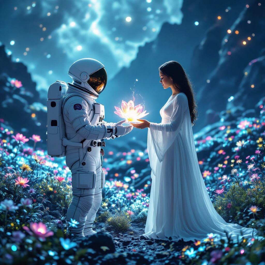 Astronaut Receives Ethereal Flower on Alien Planet