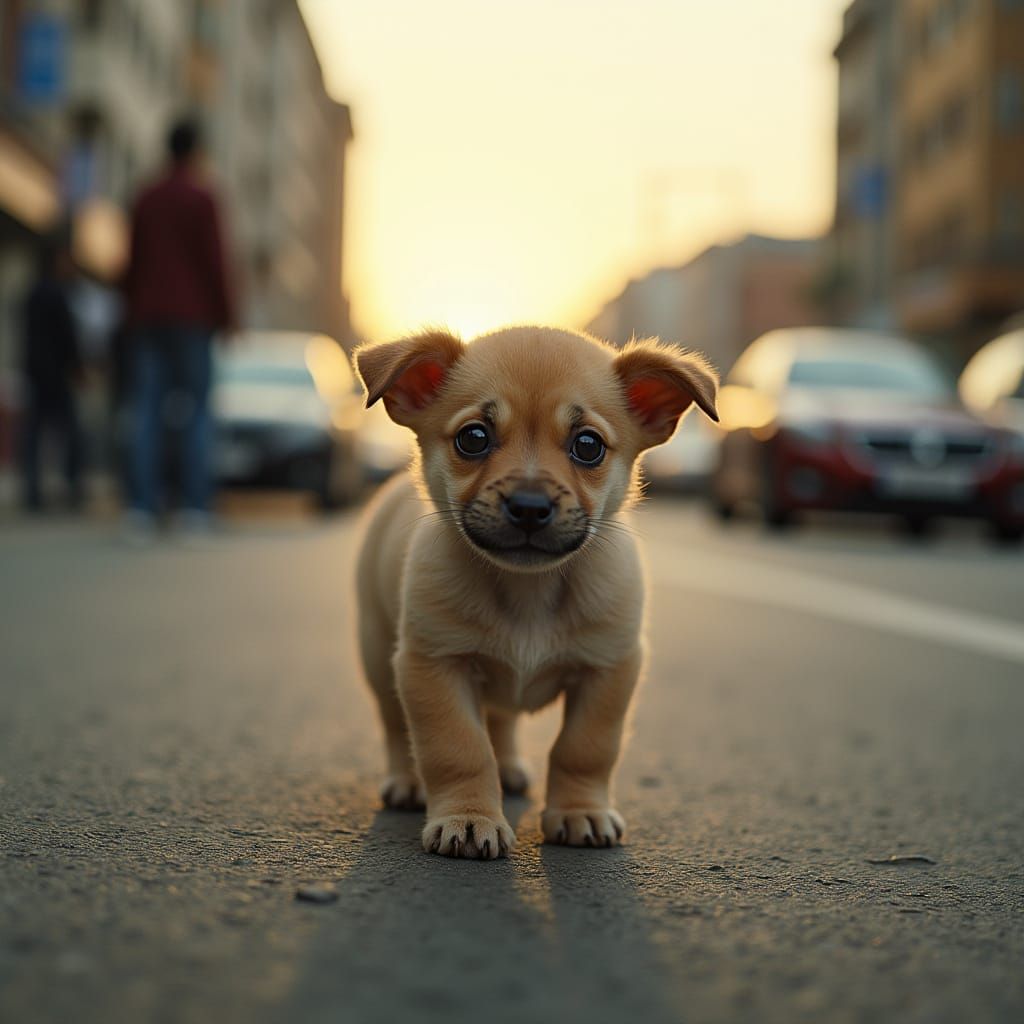 Scared Puppy in City Street: Cinematic Film Still