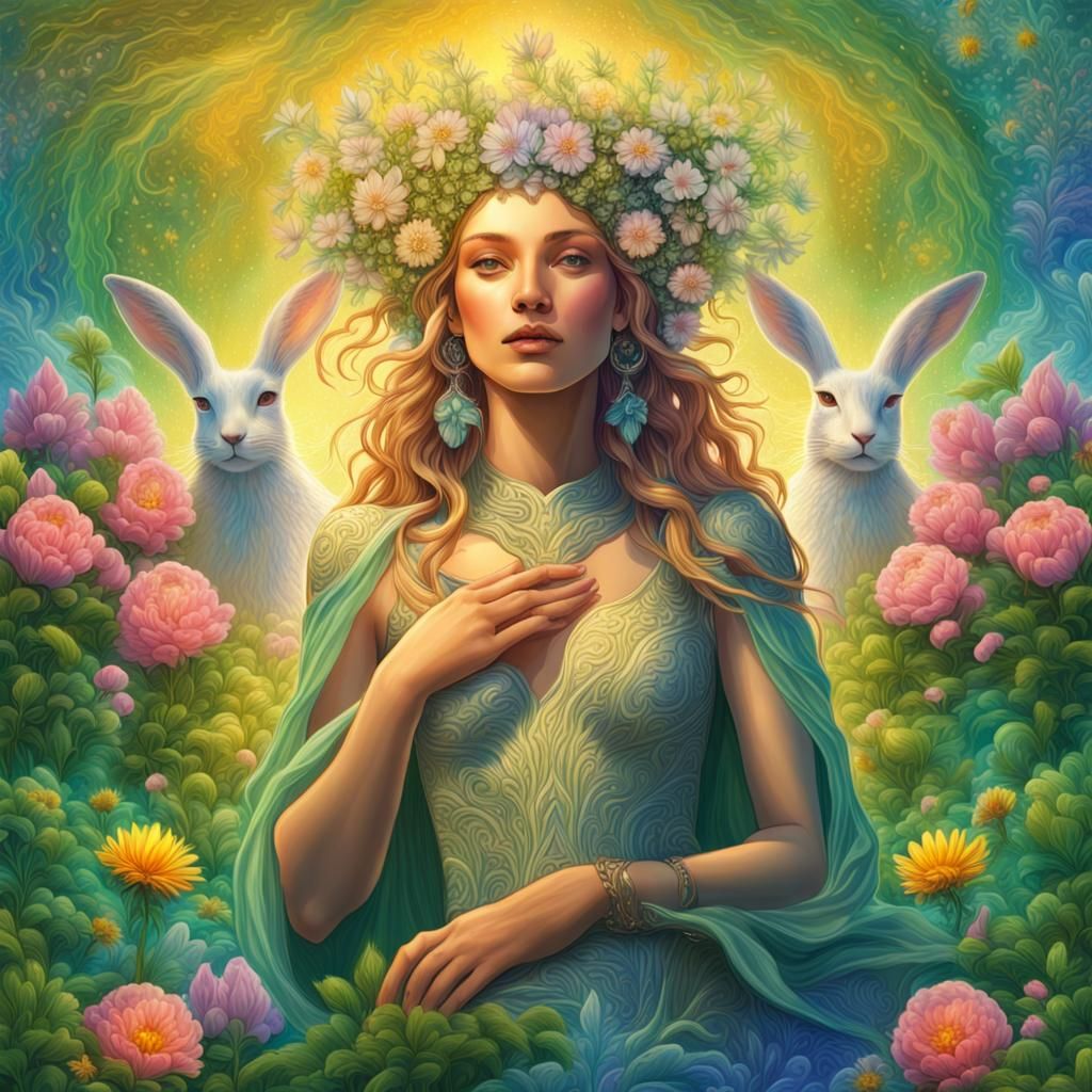 Spring Goddess with Hares: Holographic Astral Illustration