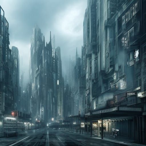 Decaying Technoir City Reflected in Dark Shadows