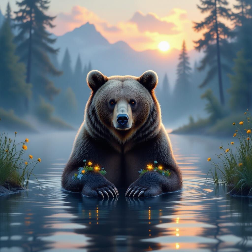 Majestic Bear in Misty Lake at Dawn