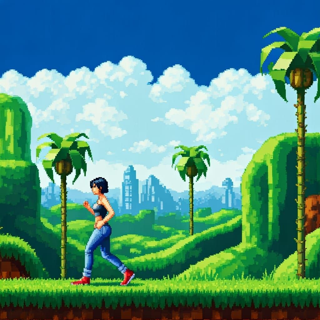 Woman in Sonic-Inspired Pixel Art Landscape