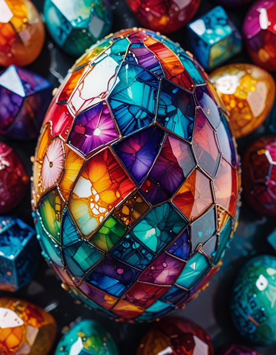 Egg of Intricate Cubes in Vibrant, Bleeding Ink