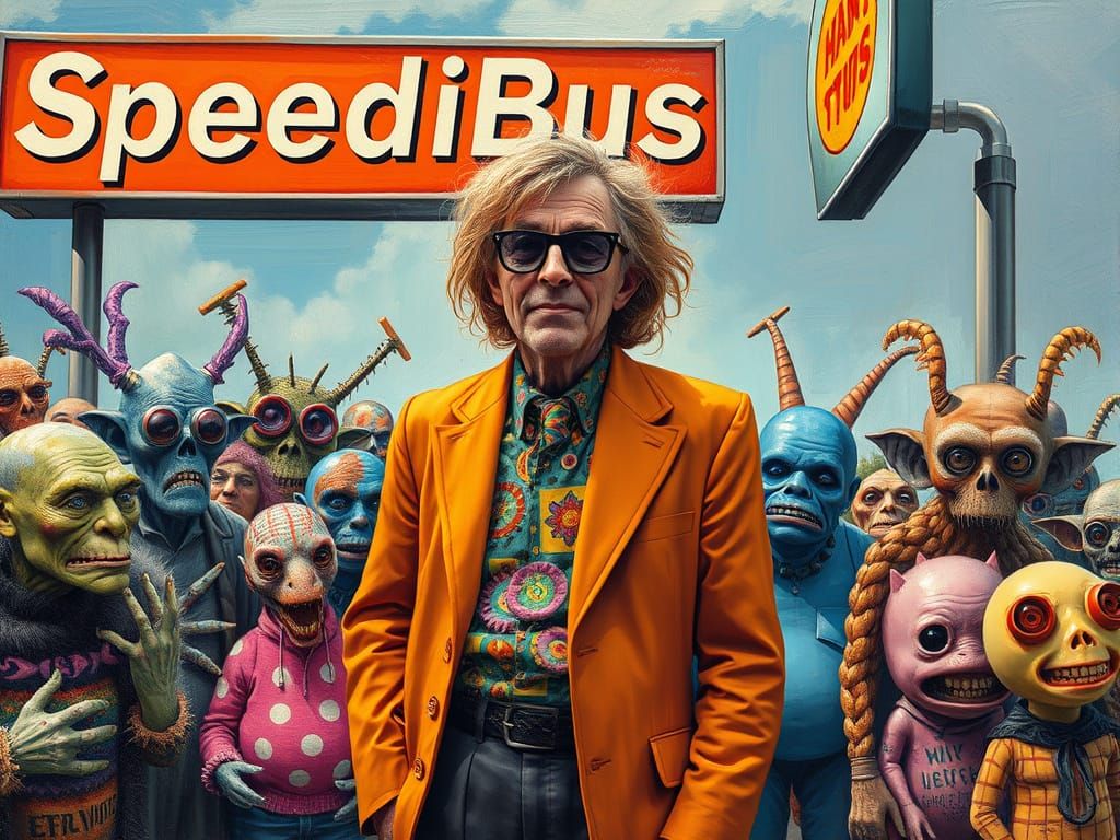 Vibrant Crowd Awaits Bus in Exaggerated Style