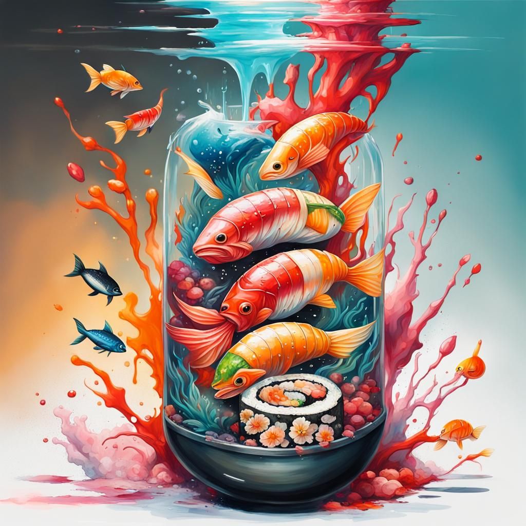 Mermaids and Mermen Enjoying Sushi, Graffiti Art