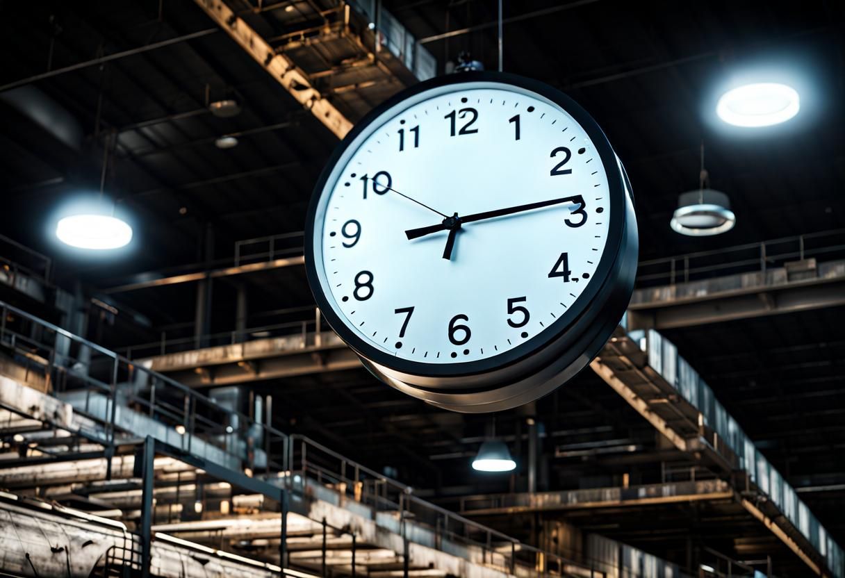 Night Clock in Hyperrealistic Industrial Warehouse