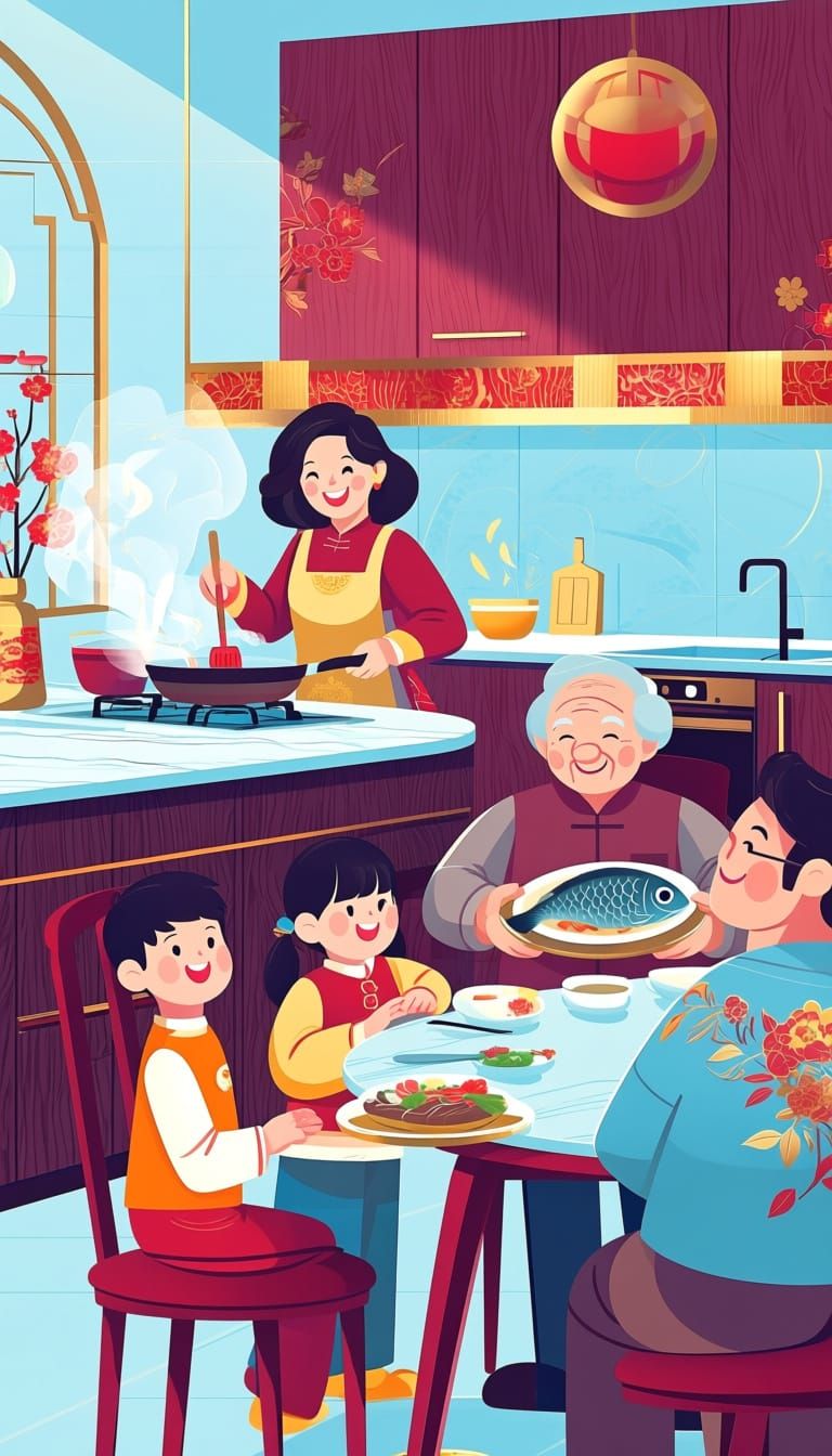 Festive Lunar New Year Family Gathering in Modern Kitchen