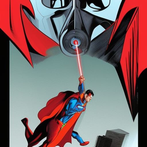Menacing Superman with Red Suit and Laser Gun