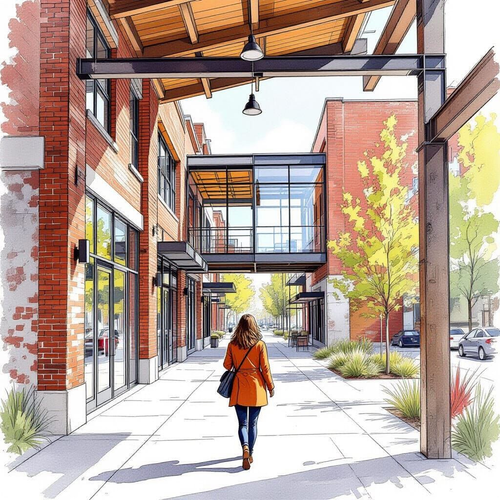 Urban Revitalization: Woman Walking in Architectural Drawing