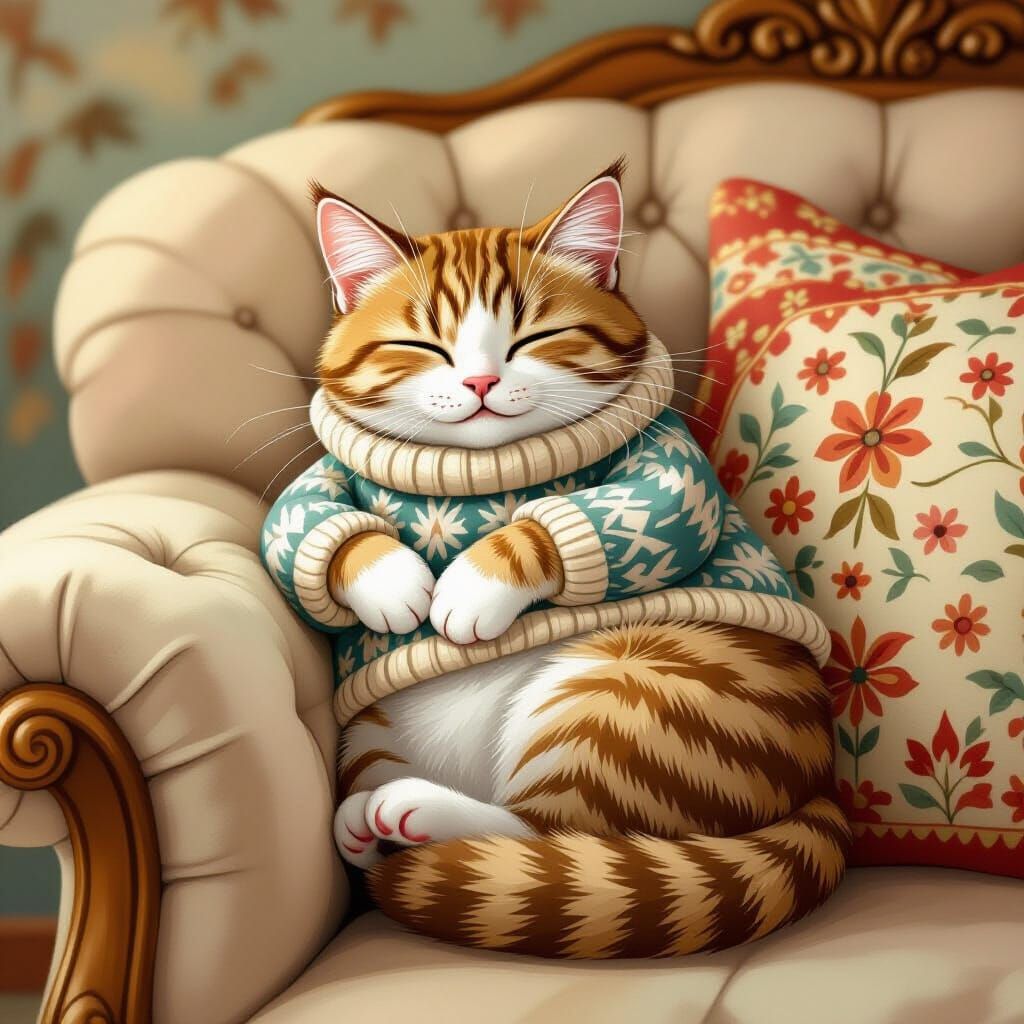 Cat in Sweater on Plush Sofa, Illustrative Style