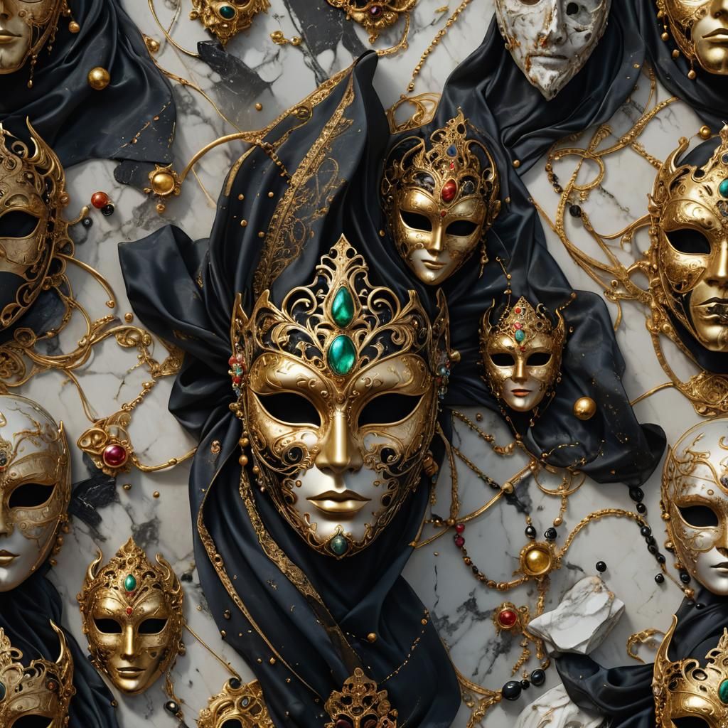 Creepy Gold and Black Venice Mask: Detailed Digital Art