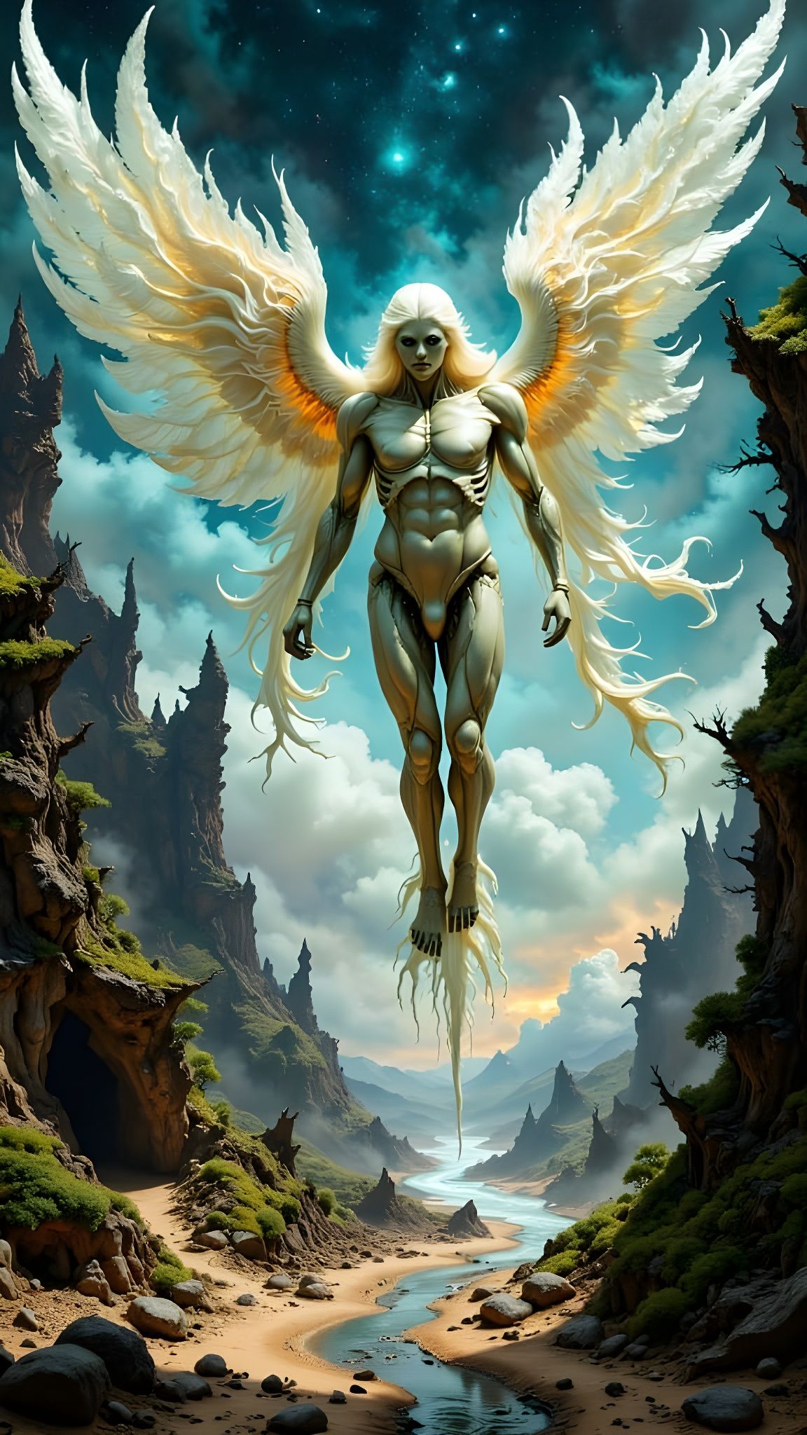 Eerie Glowing Angel Monster in Hyperkraximalismus Style