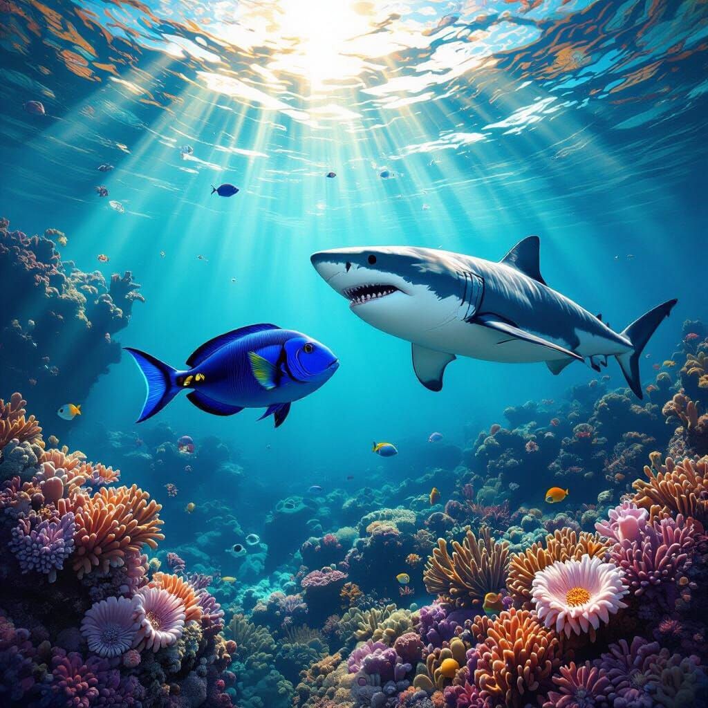 Blue Fish Circles Shark in Vibrant Coral Reef