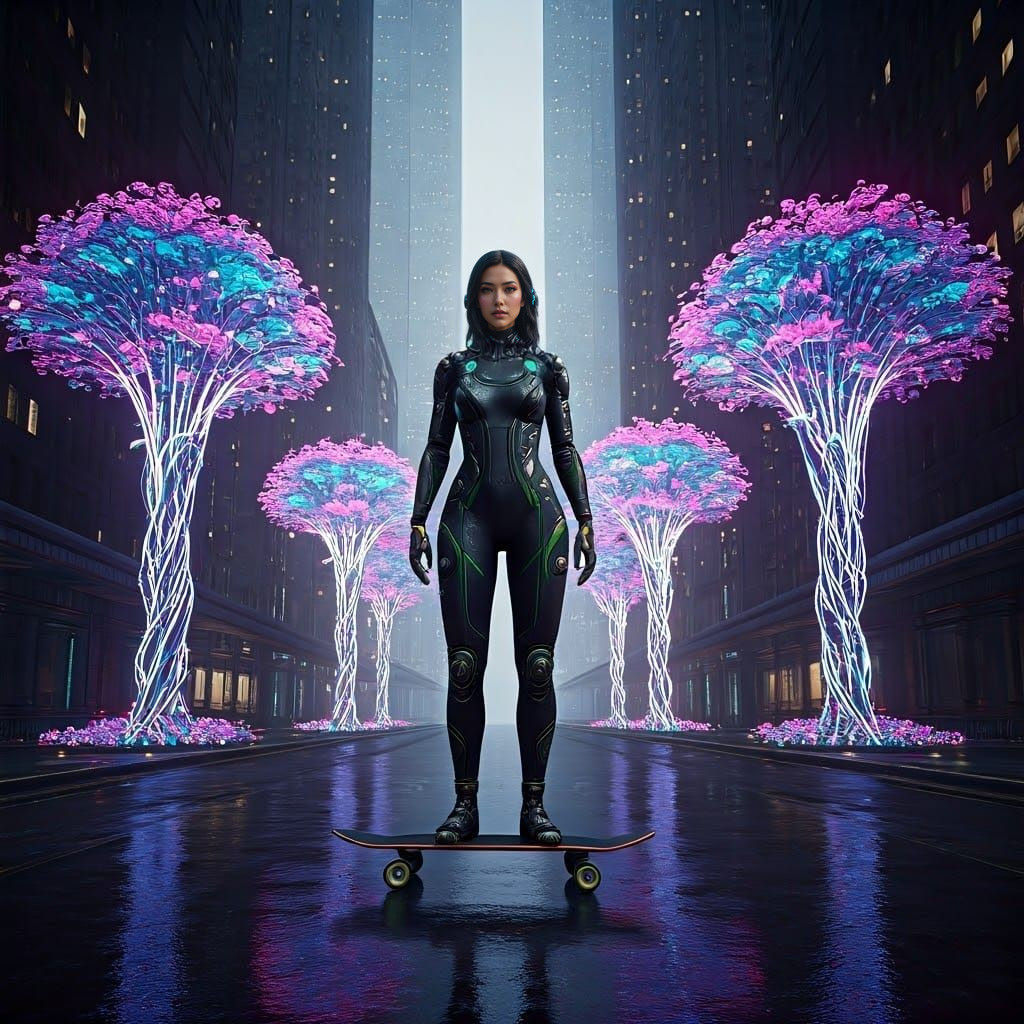Cyberpunk Woman Soars Through Futuristic Urban Landscape