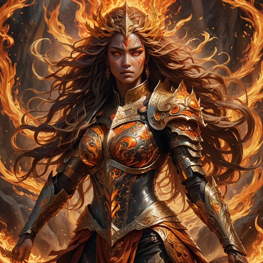 Powerful Fire Goddess in Ornate Armor