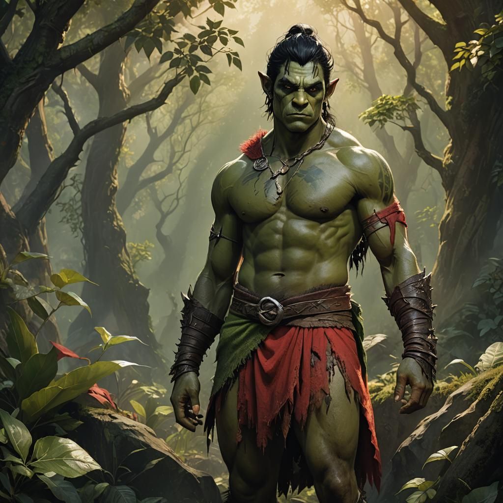 Gay Orc Warrior in Lush Fantasy Landscape