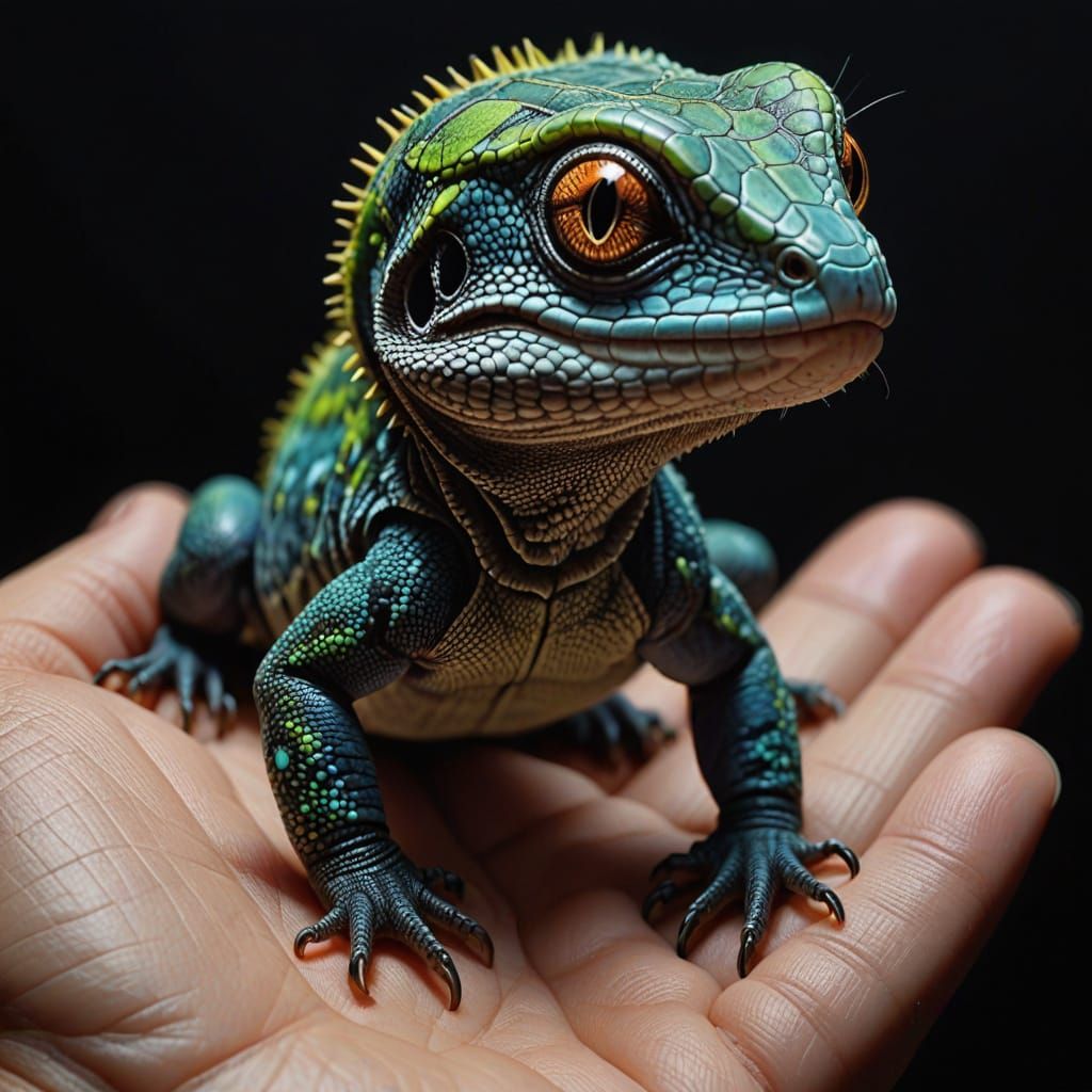 Hyper-Realistic Baby Lizard Portrayal in Intimate Close-Up