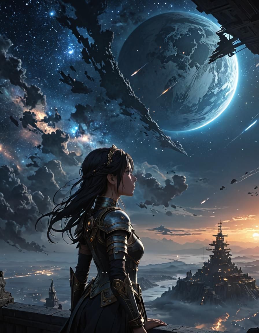 Fantasy Battleship with Cat Girl in Anime Style