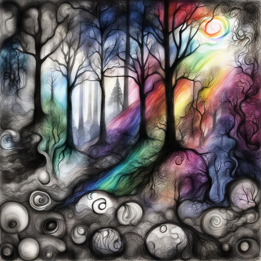 Surreal Child's Drawing of Trees with Rainbow Fairy