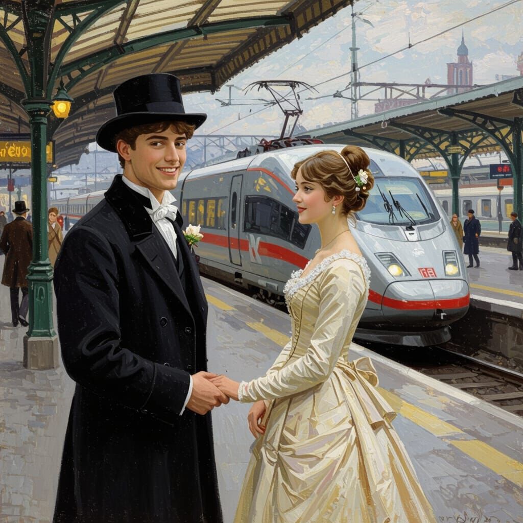 Young Man Greets Girl at Train Station as Impressionism