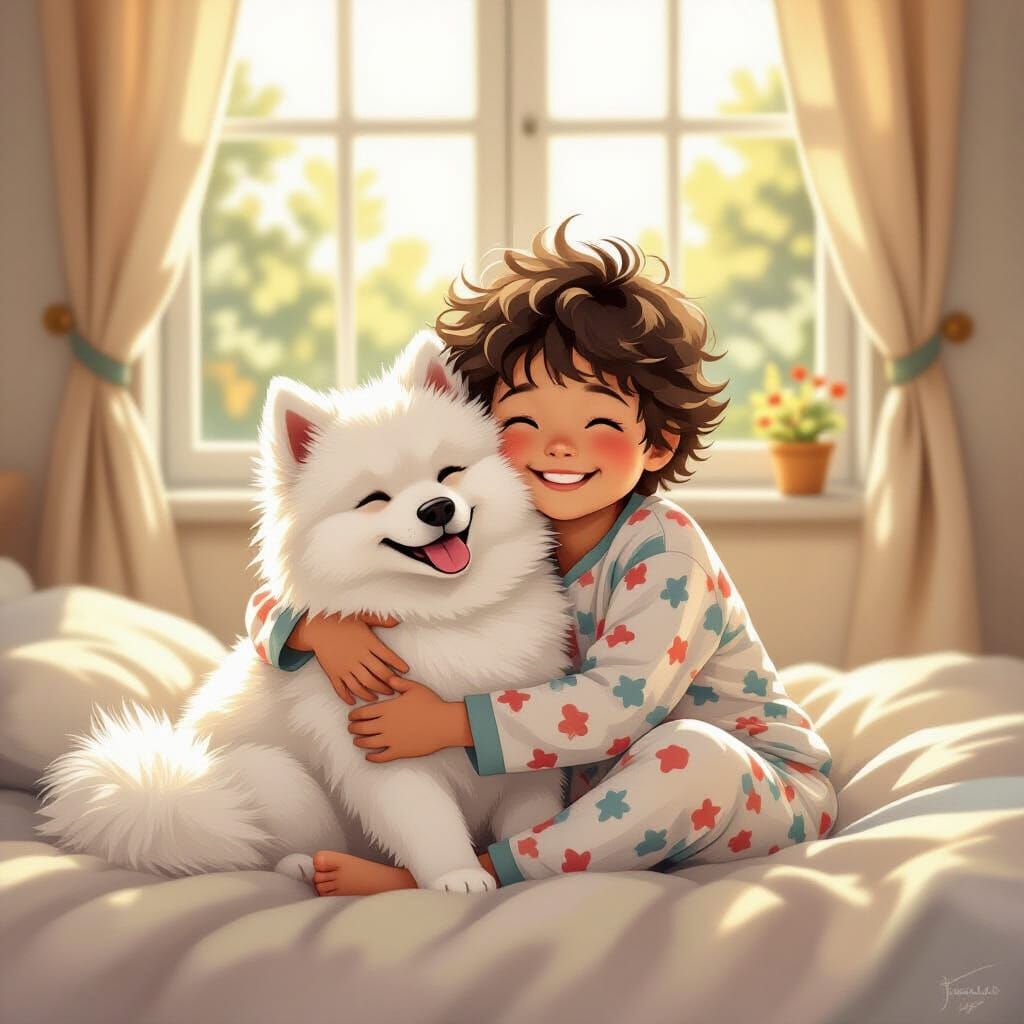 Child Hugging Samoyed in Morning Light, Whimsical Art
