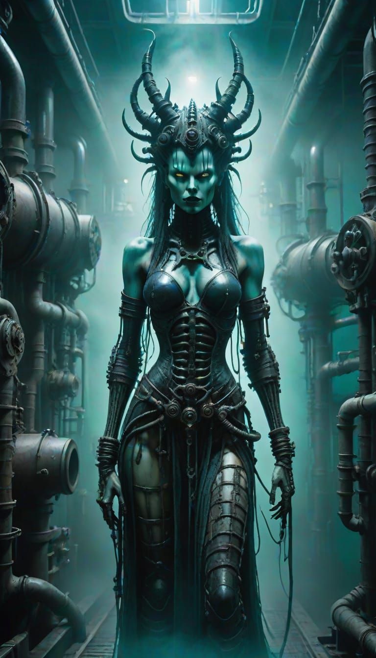 Biomechanical Demon Witch in Foggy Engine Room