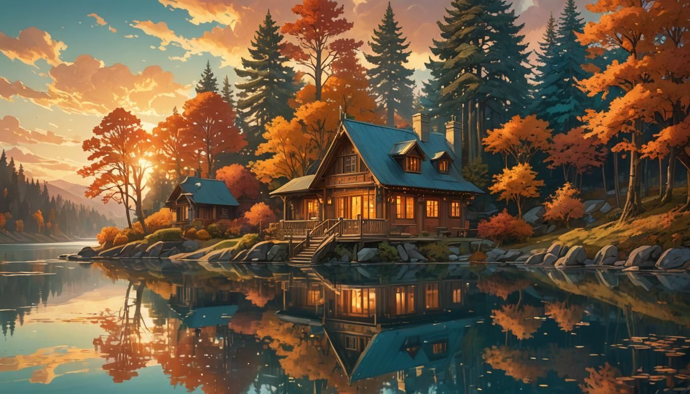 Autumnal Cottage at Golden Hour, Art Nouveau Style