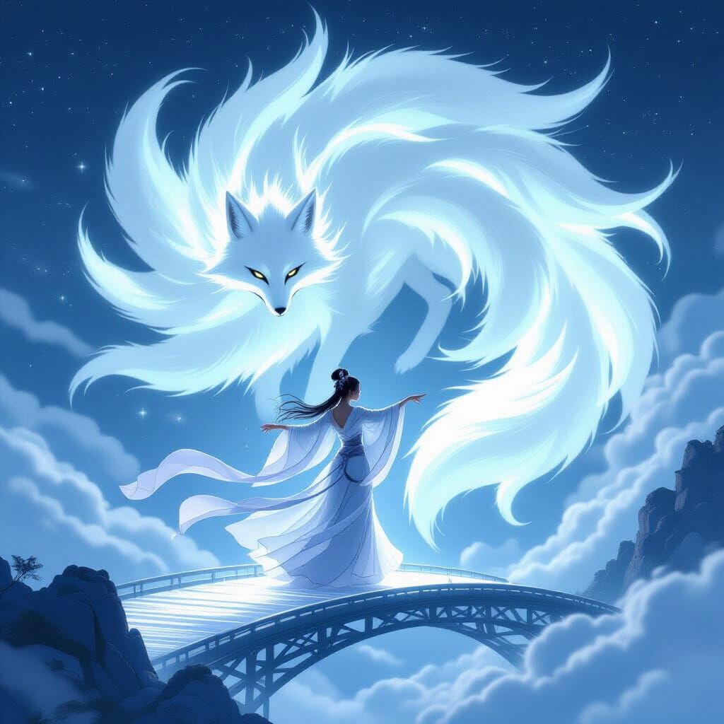Ethereal Dancer with Fox Spirit in the Clouds