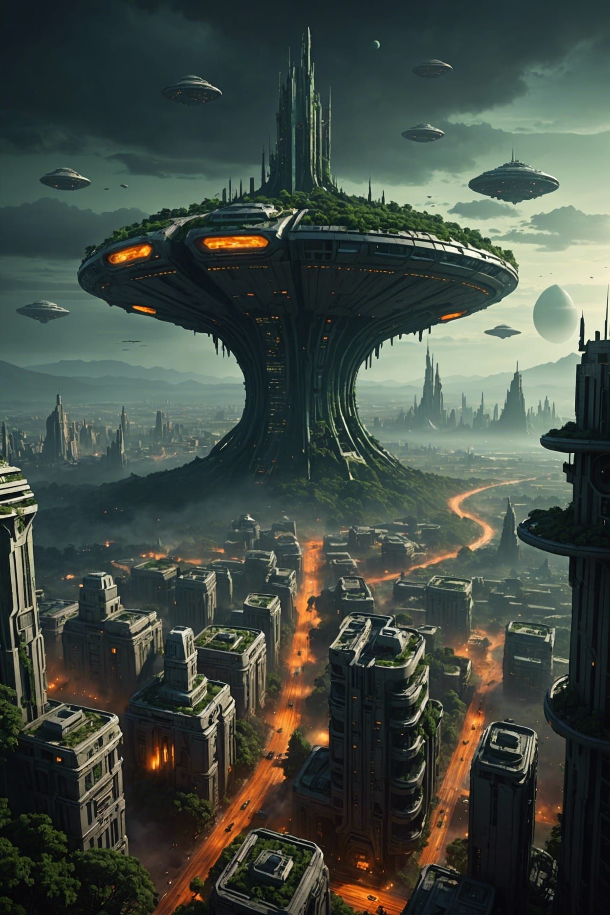 Alien Spaceship Reconnaissance Over Deserted City