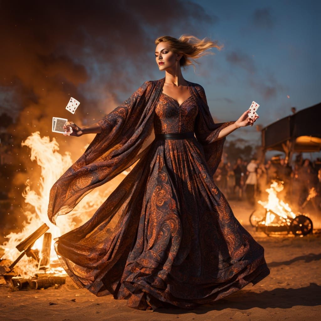 Sultry Dancer Beside Carnival Wagon at Bonfire