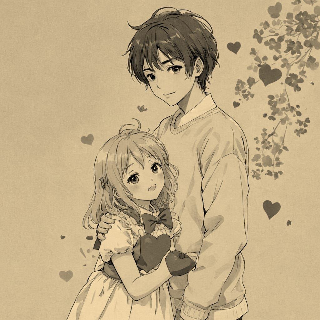 Cartoon Childhood Sweethearts in Anime Style