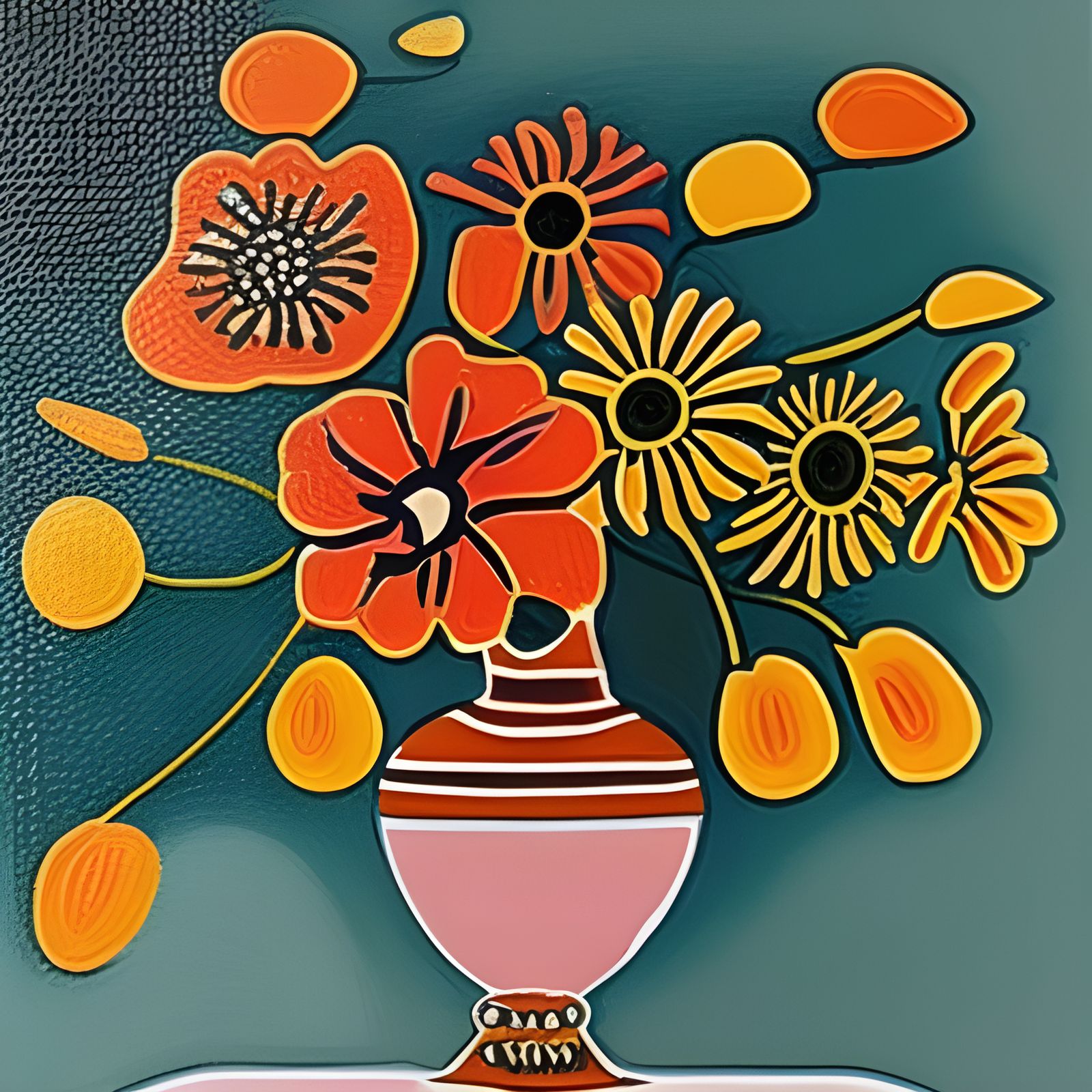 Colorful Graffiti Flowers in Vase Against Teal Backdrop