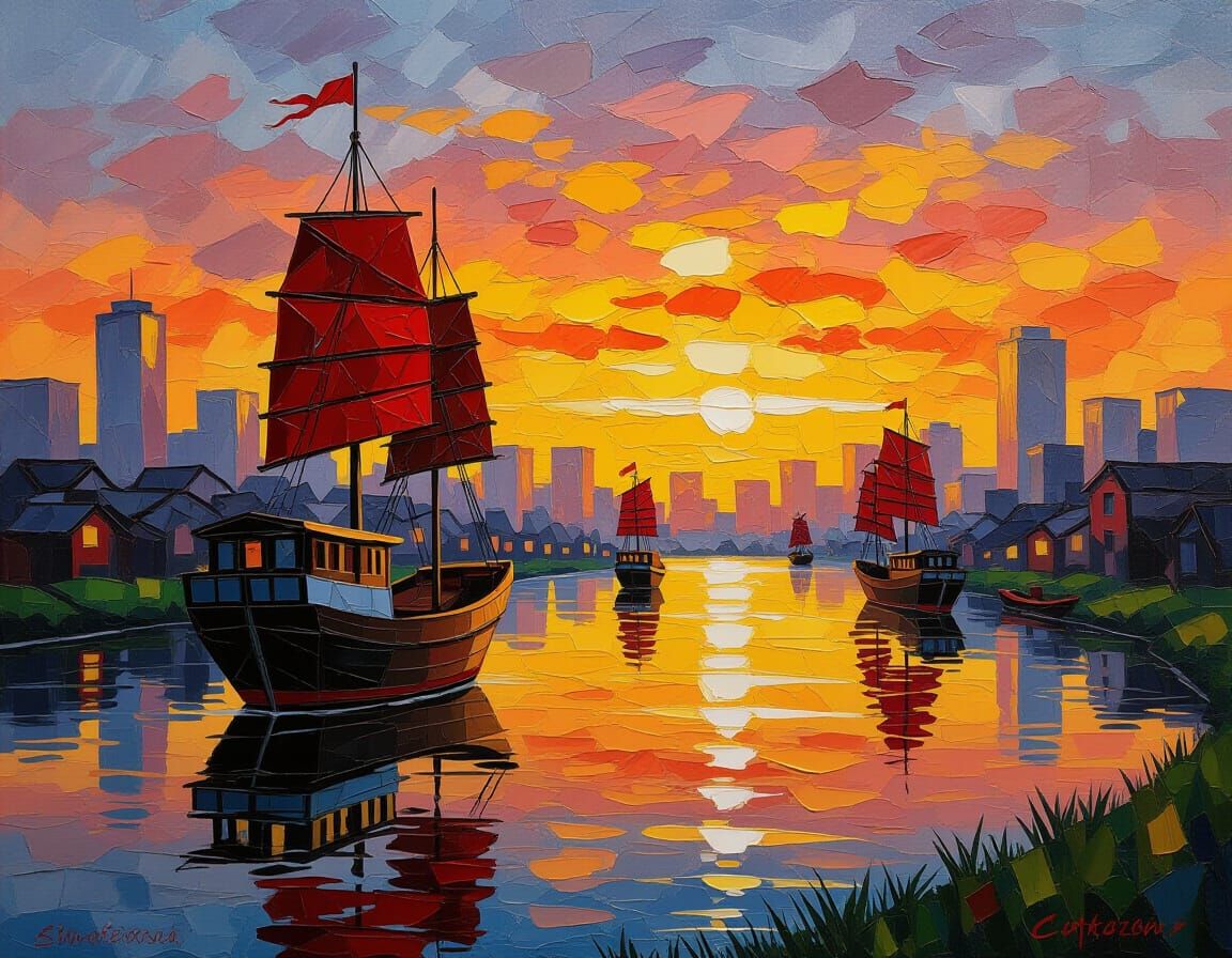 Cubist Urban Explosion on Oriental River at Sunset