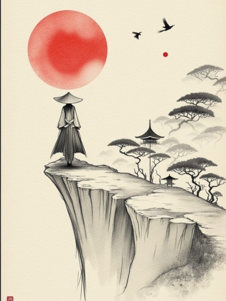 Japanese Landscape with Serene Figure in Sumi-e Style