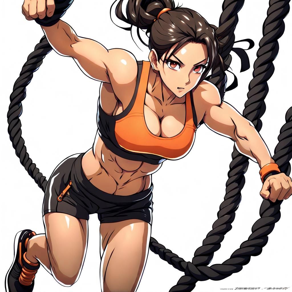 Muscular Asian Woman Jumping Rope: Anime-Inspired Art