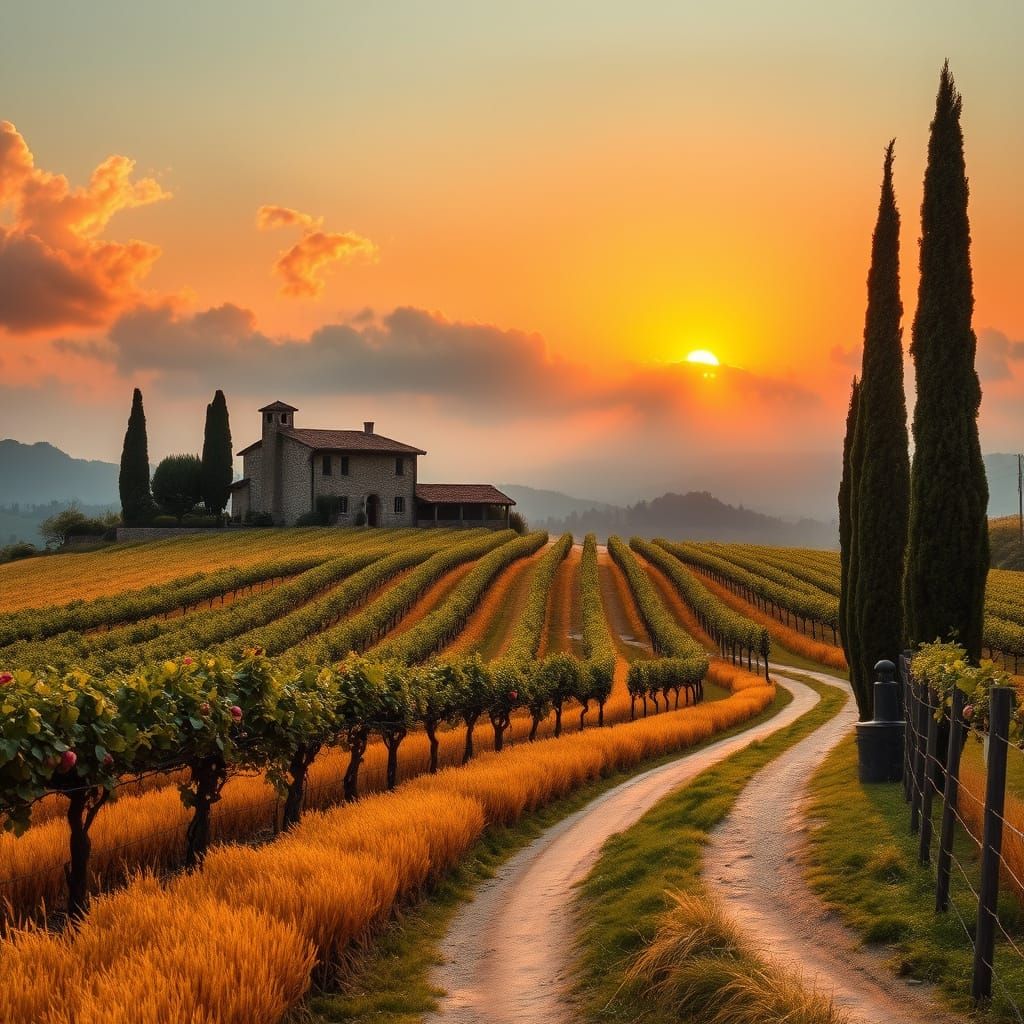 Tuscan Vineyard Scene at Sunset in Impressionist Style
