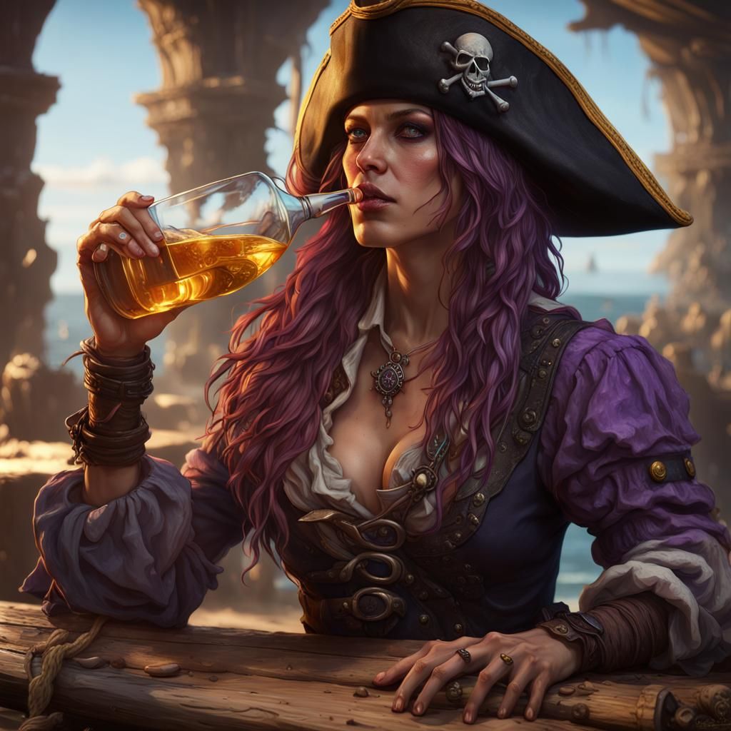 Female Pirate Drinking Rum: Dark Fantasy Concept Art
