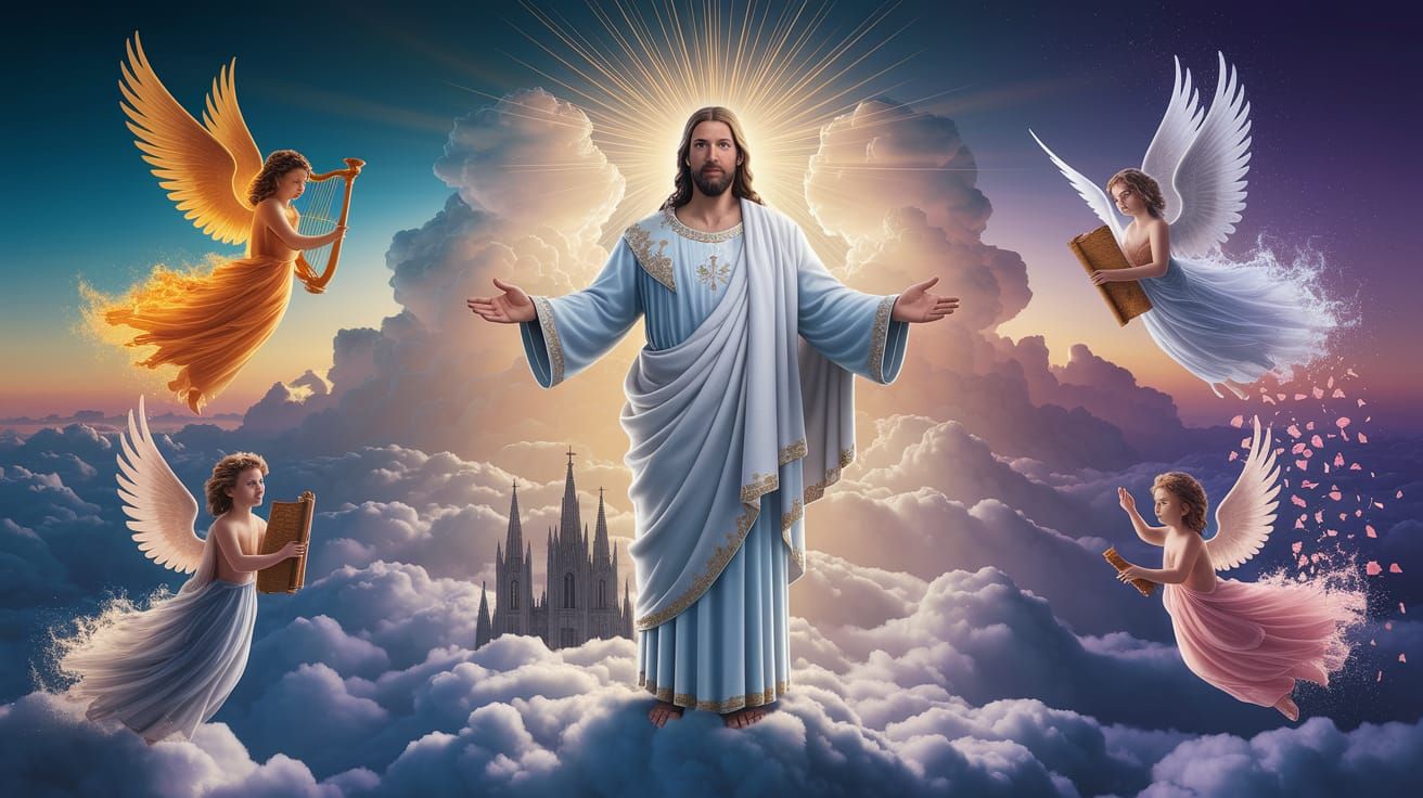 Divine Christ Ascends Amidst Celestial Clouds in Golden Radi...