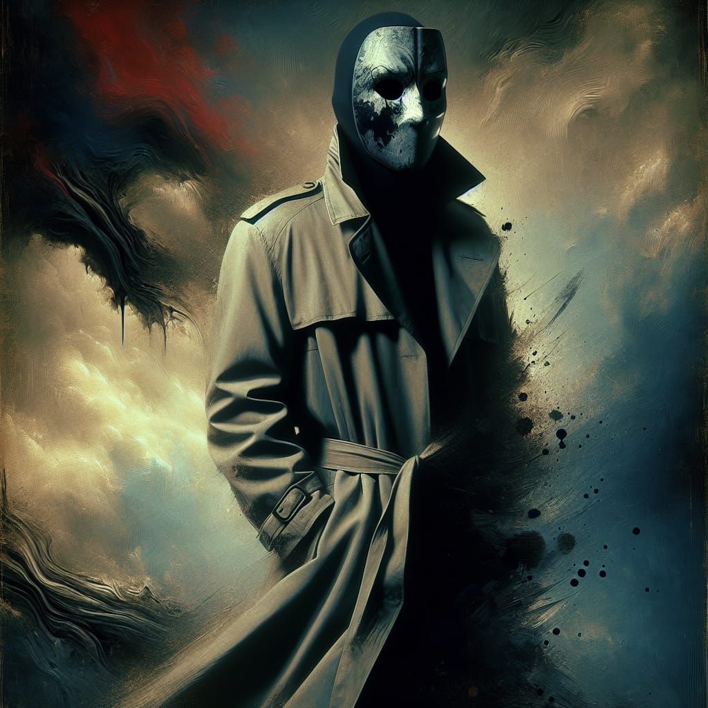 Masked Figure in Ominous Noir Landscape