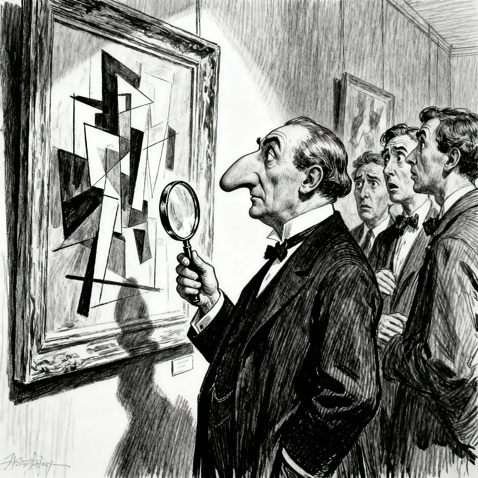 Satirical Charcoal Drawing of Art Critic with Magnifying Gla...