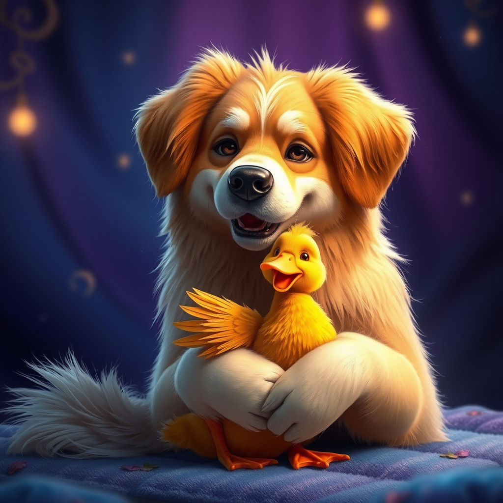 Dog and Duck Embrace in Fantasy Realm
