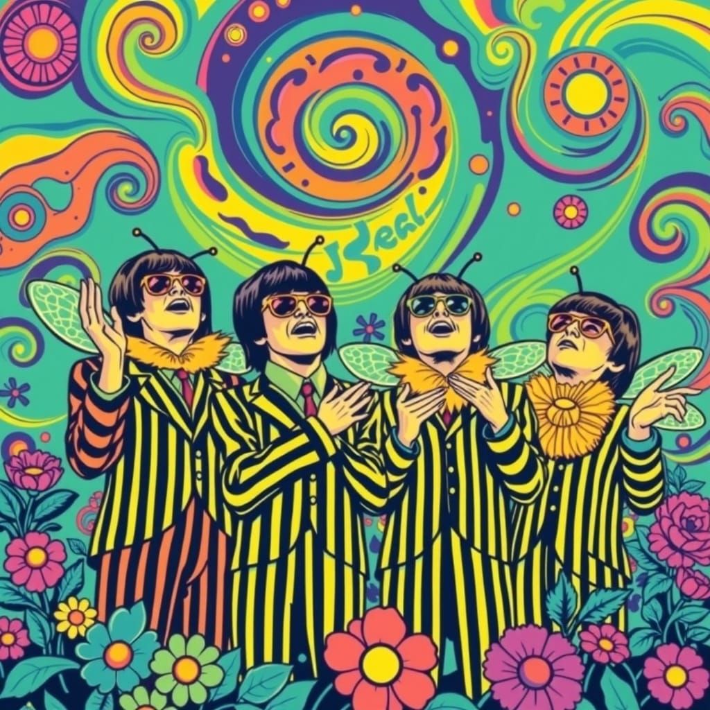 Psychedelic Beatles Sing in Vibrant Flower-Power Bee Costume...