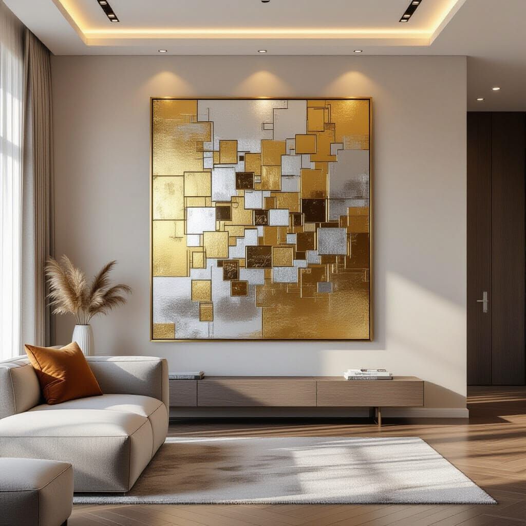 Abstract Gold and Silver Squares Art in Modern Luxury Room