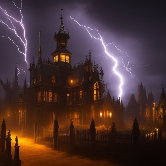 Eerie Gothic Castle with Pet Cemetery in Oil Painting