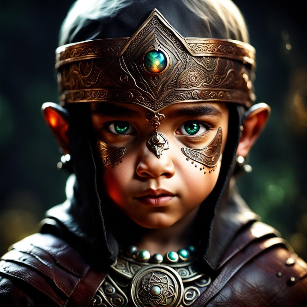 Elven Child Warrior with Iridescent Eyes