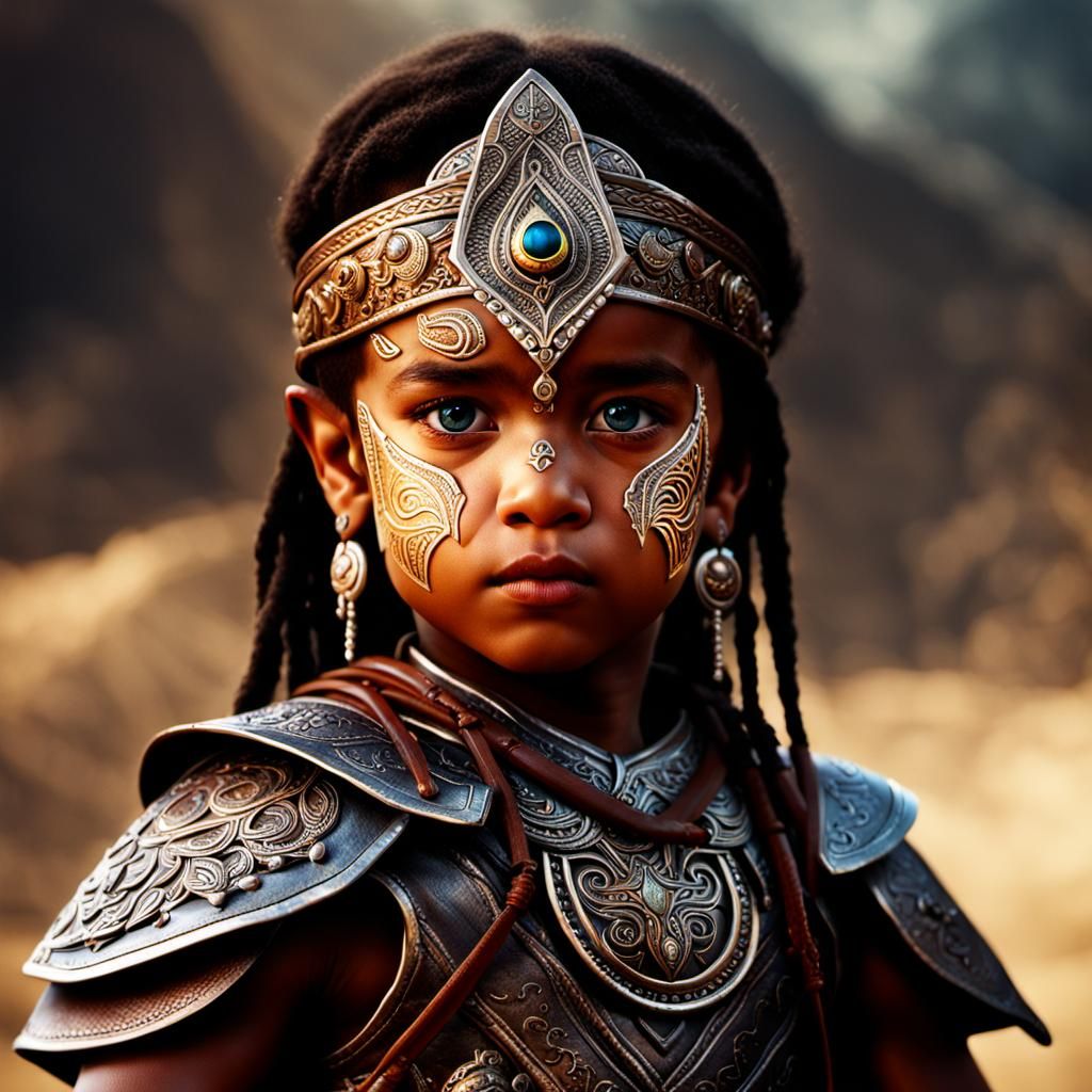 Elven Child Warrior with Henna, Jewelry, and Symbols