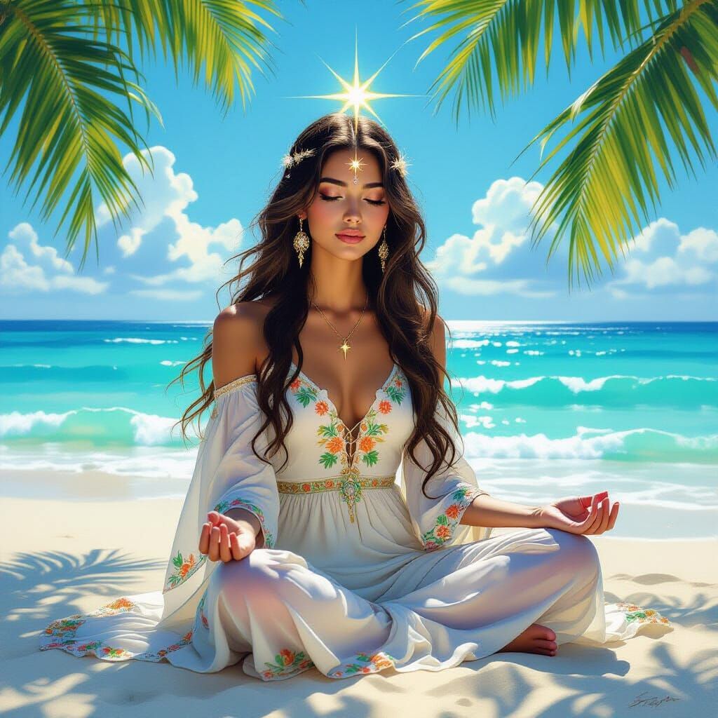 Spiritual Woman Meditating on Tropical Beach Oil Painting