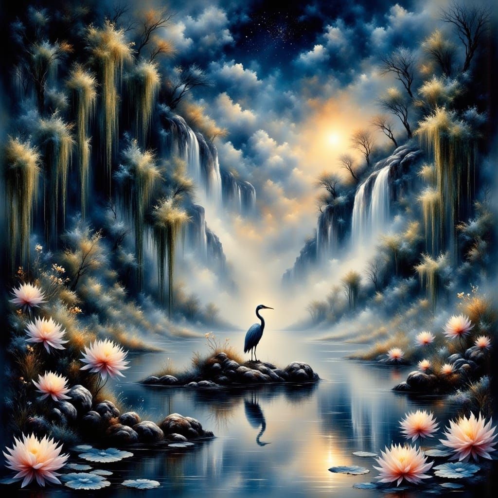 Mystical Heron in Moonlit Lake: Ethereal Fantasy Art